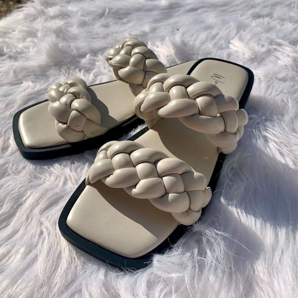 Women's Wonderly Gayle Braided Sandals - Size 7 - Cream & Black - Open Toe Flat